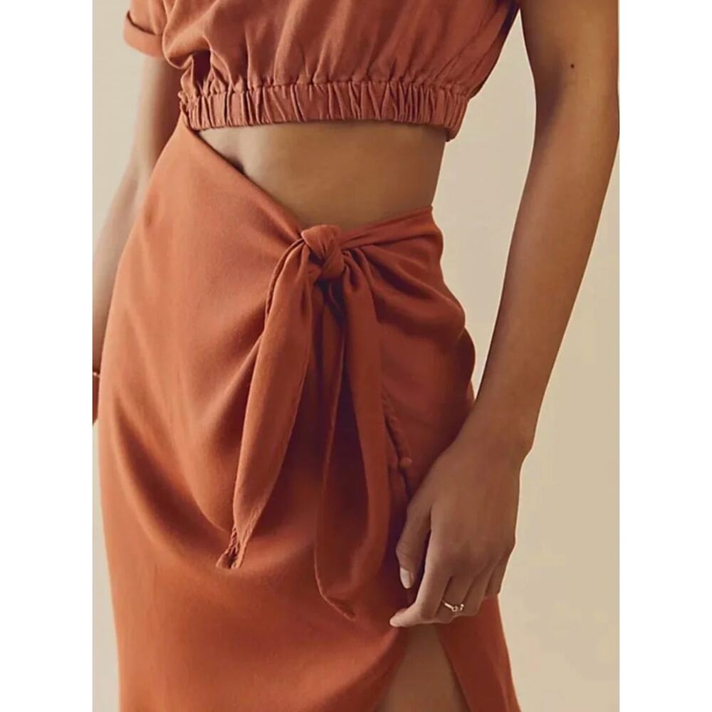 Free People Rae Maxi Dress Rust Asymmetrical Wrap Hi Low Boho Tie Waist Womens S - Picture 3 of 14